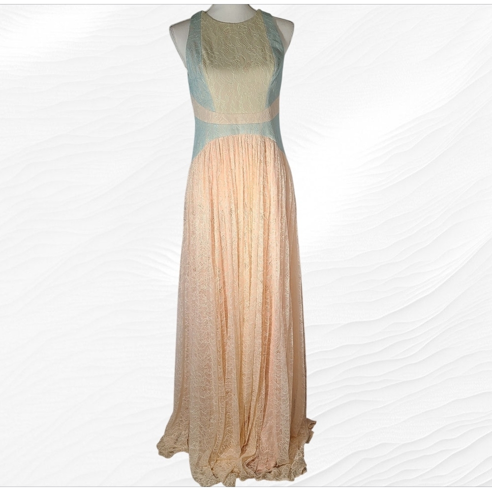 Adrianna Papell Halter Neck Sleeveless Ruched Lace Dress Apricot Multi Size 10